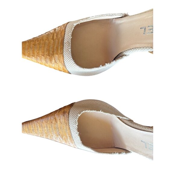 Chanel Womens DOrsay Pointed Toe Pumps Yellow/Beige Snake Print Leather Canvas H - Picture 8 of 9